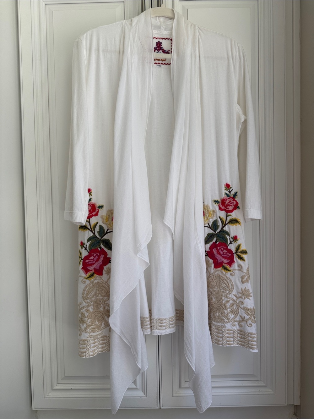 Johnny Was White Draped Cardigan with Red Rose Embroidery